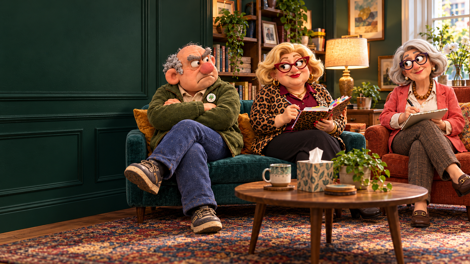 Barry looks affronted while Donna checks her diary and Bev takes notes in a colourful plasticine couples-therapy room.